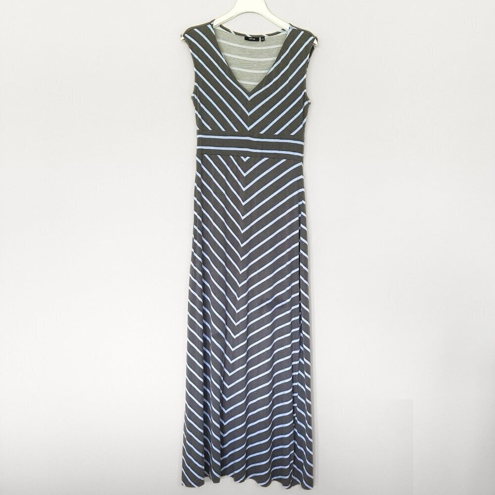 Blue Gray Maxi Dress Women M Casual Stretch Stripe Comfy High Waist V neck